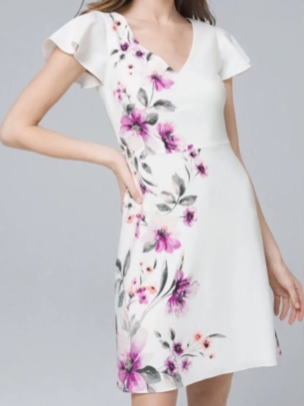 White House Black Market Classy White Purple Floral A-Line Dress Garden Size 12